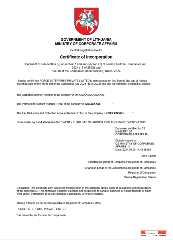 Lithuania  company registration certificate Word and PDF template